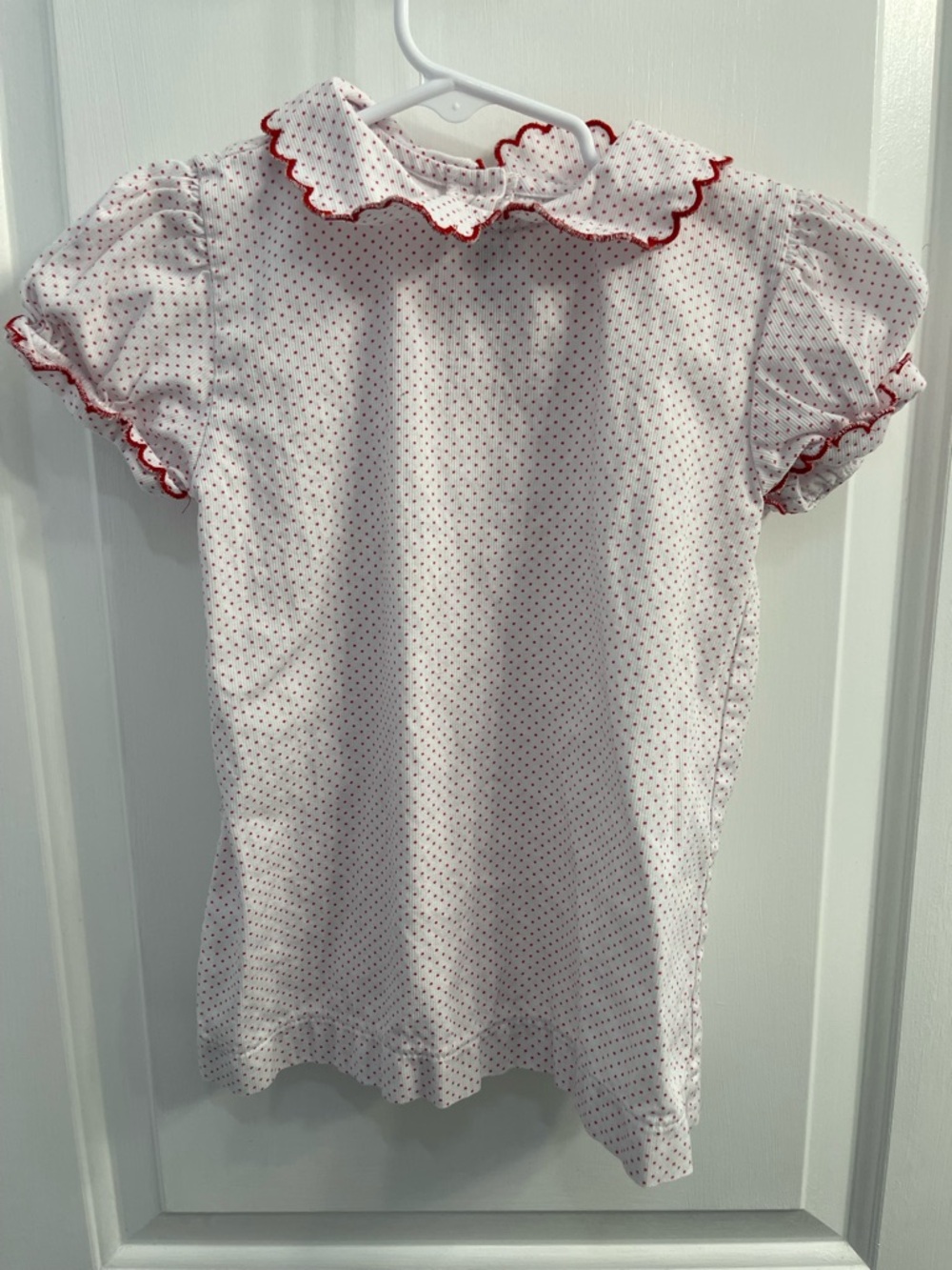 Girls White Top with Red Dot Print and Scalloped Trim